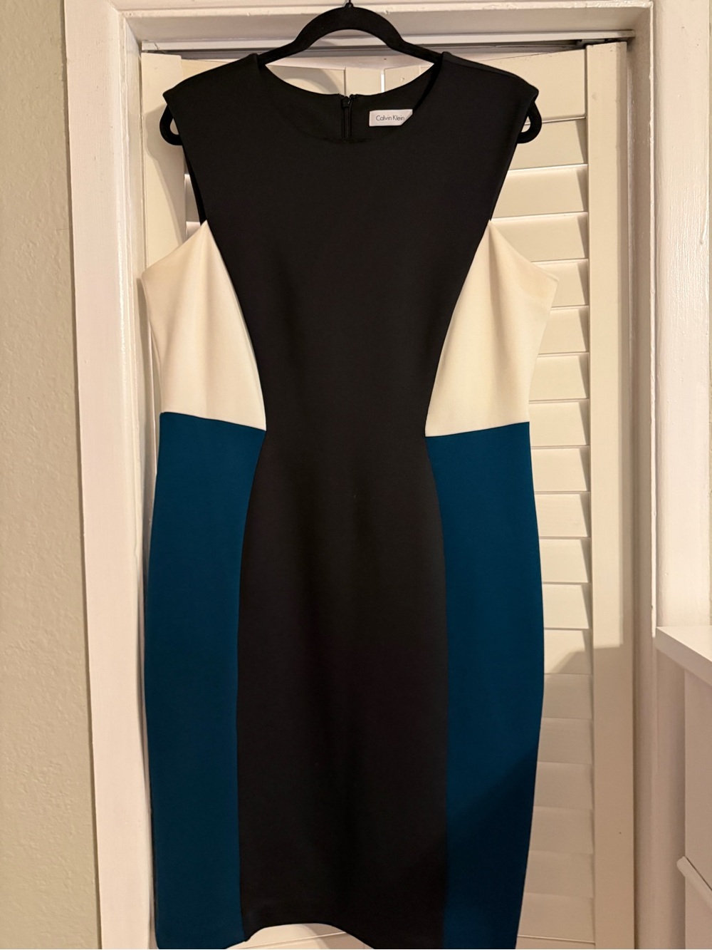 Calvin Klein Black, White & Teal Colorblock Midi Sheath Dress